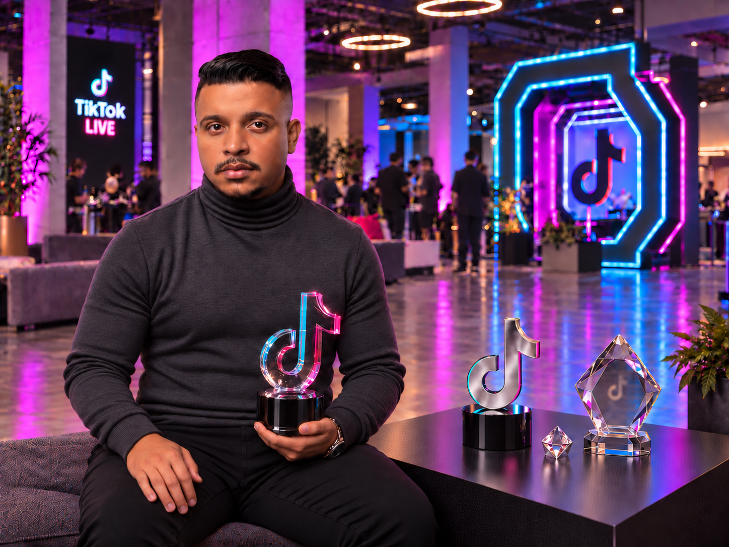 Composição de Marcos Junior com troféus e elementos do TikTok LIVE