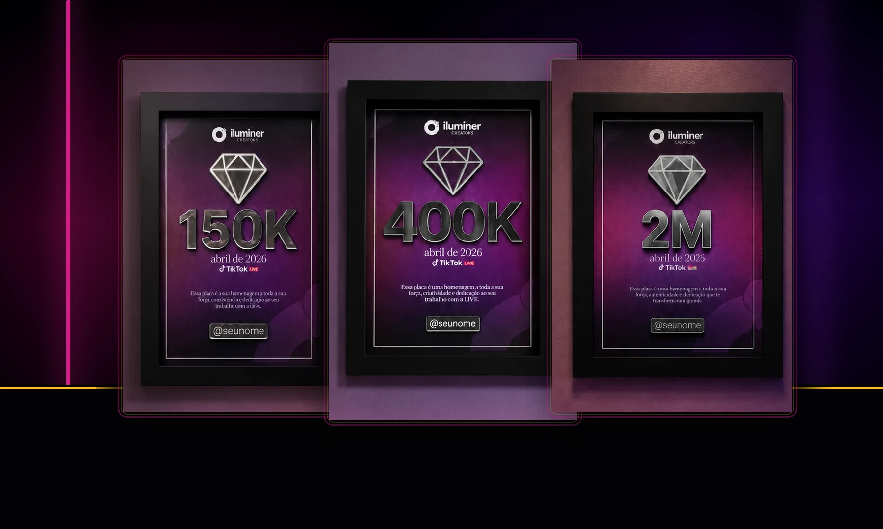Placas de reconhecimento da Iluminer Creators reunidas em uma composição premium
